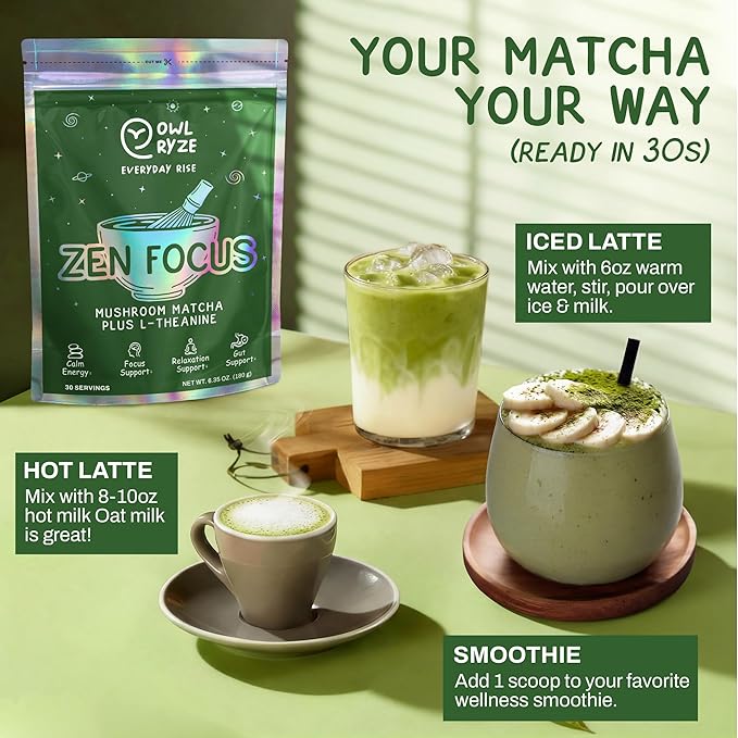 OwlRyze Mushroom Matcha Instant Zen Focus - Ceremonial Grade Matcha Power with 6 Functional Mushrooms, Lion's Mane, Cordyceps & L-Theanine for Calm Focus Energy, Immune Support - 100% Vegan, 30 Servings