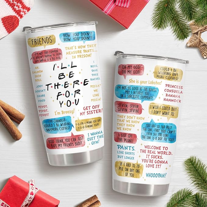 34HD Friends TV Show Tumbler 20oz – I'll Be There For You Quote – Insulated Stainless Steel Travel Mug for Hot and Cold Drinks – Funny Gift for Women and BFF Fans Christmas Gift