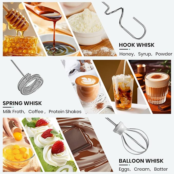 Milk Frother Handheld Rechargeable with Stand, Frother Wand Drink Mixer Electric Whisk for Coffee, Detachable With 3 Stainless Whisks, Hand Mixer for Lattes, Cappuccino, Matcha, Egg, Green