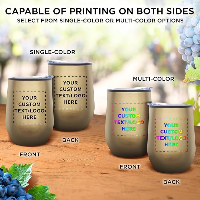 Custom Stemless Wine Tumblers 12 oz. Set of 12, Personalized Bulk Pack - Insulated, Perfect for Wine, Cocktails, Other Hot & Cold Beverages - Gold