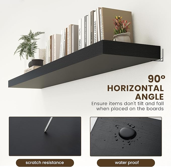 72 Inch Black Floating Shelf | 12 Inch Deep Floating Shelves Set of 1 | 72" D x 12" D Rustic Wood Shelves for Wall | Deep Black Shelves for Living Room Bathroom Laundry Room Kitchen