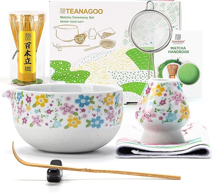 TEANAGOO Matcha Whisk Set,7 Pcs Matcha Set White,Ceremony Matcha Kit,Matcha Tea Set for Making Latte,Ceramic Bowl(chawan) whith Spout and Whisk,Gift for Matcha Lovers