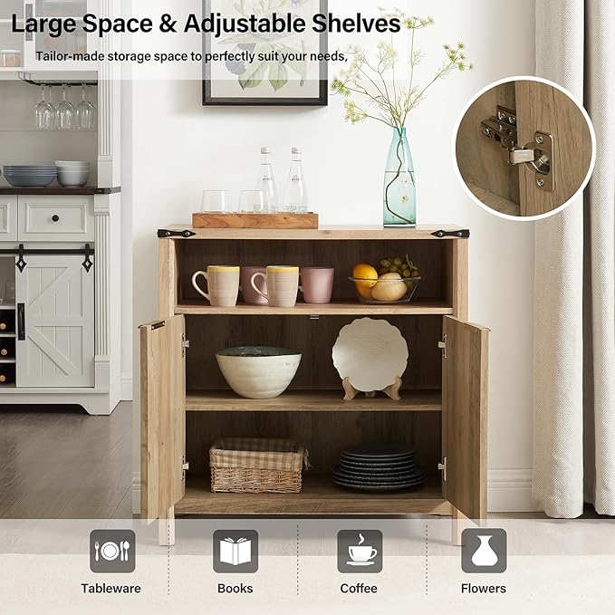 32 Inch Fluted Sideboard Buffet Cabinet with Storage, Modern Farmhouse Accent Credenza with Adjustable Shelves, Coffee Wine Bar Organizer for Kitchen, Living Room (Sunwashed Ash Oak)