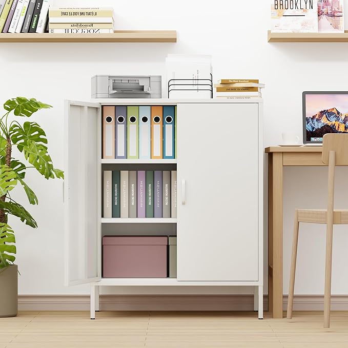 White Metal Storage Cabinet,Metal Locker Storage Cabinet with 2 Doors and Shelves,Kitchen Pantry Cabinet,Modern Storage Freestanding Organizer Rust for Home,Kitchen,Office