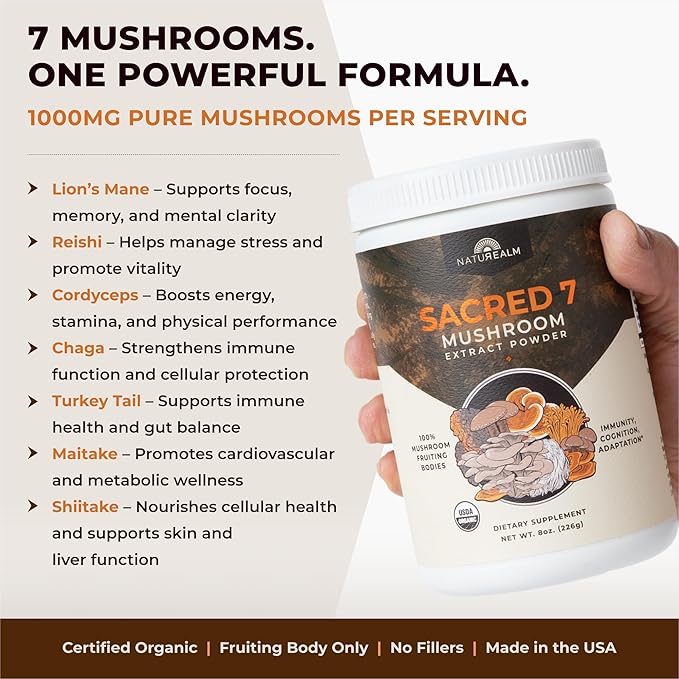 Sacred 7 Mushroom Coffee Booster | Organic Mushroom Supplement Powder – Lions Mane, Reishi, Chaga & More | Adaptogen + Nootropic | 100% Fruiting Bodies | Mix with Coffee,Tea, Smoothies - 226 Servings