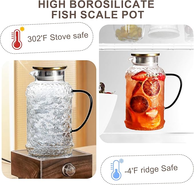 2 Liters/68 oz Glass Pitcher with Lid and Handle for Fridge,2 PACK Large Hot Cold Water Carafe for Cold Brew,Coffee,Lemonade,Iced Sun Tea,Beverage,Milk,Heat Resistant