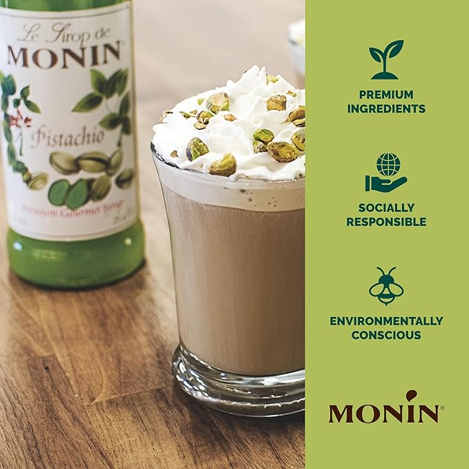 Monin - Pistachio Syrup, Rich and Roasted Pistachio Flavor, Great for Lattes, Mochas, and Dessert Cocktails, Non-GMO, Gluten-Free (750 ml)