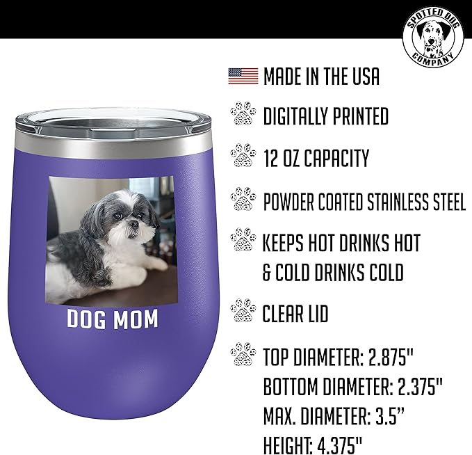 Personalized Mothers Day 12oz Photo Printed Insulated Stainless Steel Powder Coated Stemless Wine Tumbler with Lid, Customized Mom Gift Idea for Her, Custom Mum Coach Gifts Team (Purple)