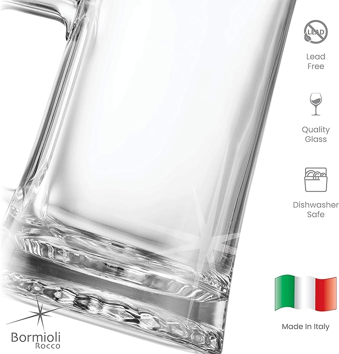Bormioli Rocco 4-Pack Solid Heavy Large Beer Glasses with Handle - 17.1/4 Ounce Glass Steins, Traditional Beer Mug glasses Set, Perfect Coffee - Tea Glass, Everyday Drinking Glasses, Cocktail Glasses