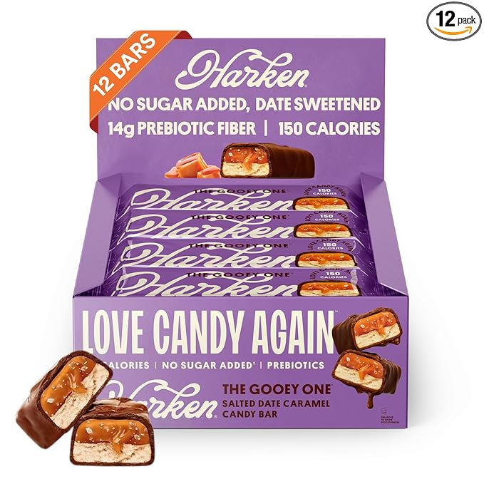 Harken Sweets The Gooey One, Oat Milk Chocolate Candy Bars with Date Caramel, Sweetened with Dates and No Sugar Added, High Fiber, Nut-Free, Gluten-Free, Plant-Based, 12 Bars