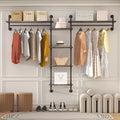 Helsin 5-Tiers 74inch Large Rustic Industrial Pipe Floating Shelving, Wall Mounted Heavy Duty Clothes Rack with Double Hanging Rods Display Storage Rack for Bedroom Organization & Home Décor