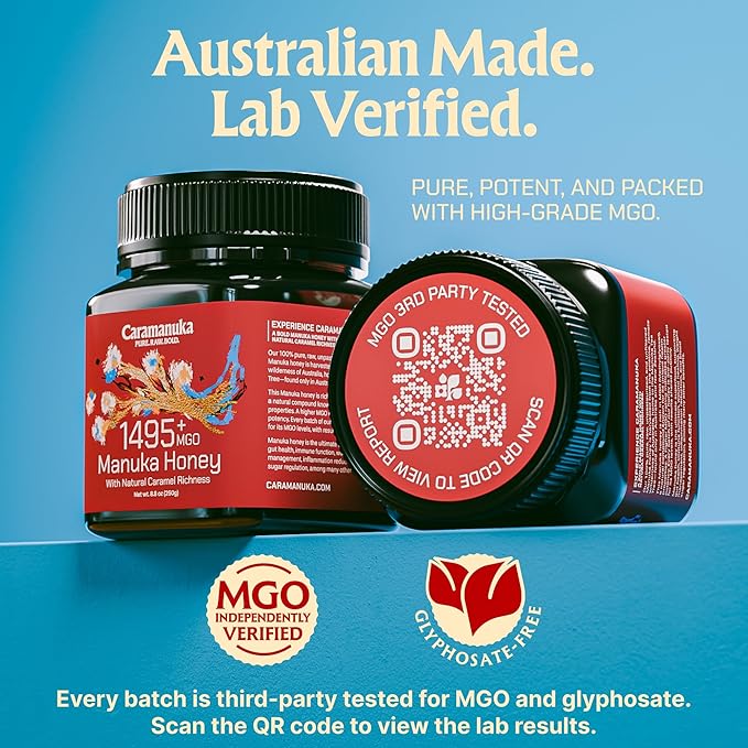 Caramanuka Manuka Honey MGO 1495+ / 100% Raw, Pure, Unfiltered & Unpasteurized, 3rd Party Tested, Ultra-Potent, Glyphosate-Free, Australian Premium Manuka Honey