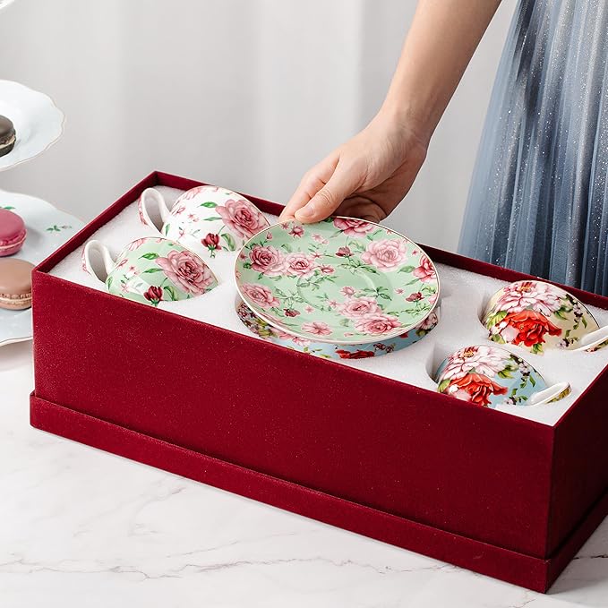 BTaT- Floral Tea Cups and Saucers with Gift Box, 8 oz, Tea Cups Set of 4, Christmas Gifts
