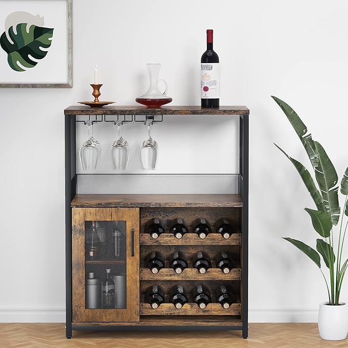 GarveeHome 3-Tier Wine Bar Cabinet with Detachable Wine Rack, Liquor Cabinet with Storage, Coffee Bar Cabinet with Glass Holder & Mesh Door, Sideboard Buffet Bar for Living Room, Dining Room, Brown