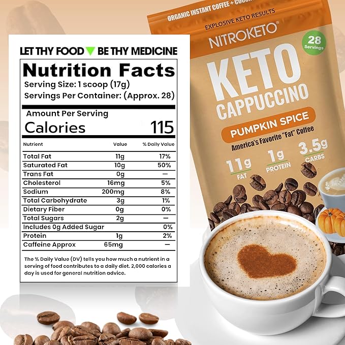 Keto Cappuccino - Pumpkin Spice - Keto Instant Coffee Mix with MCT Oil - Low Carb/High Fat, Organic Coffee Supports Ketosis - Energy Coffee - No Sugar - Made in USA – 28 Servings