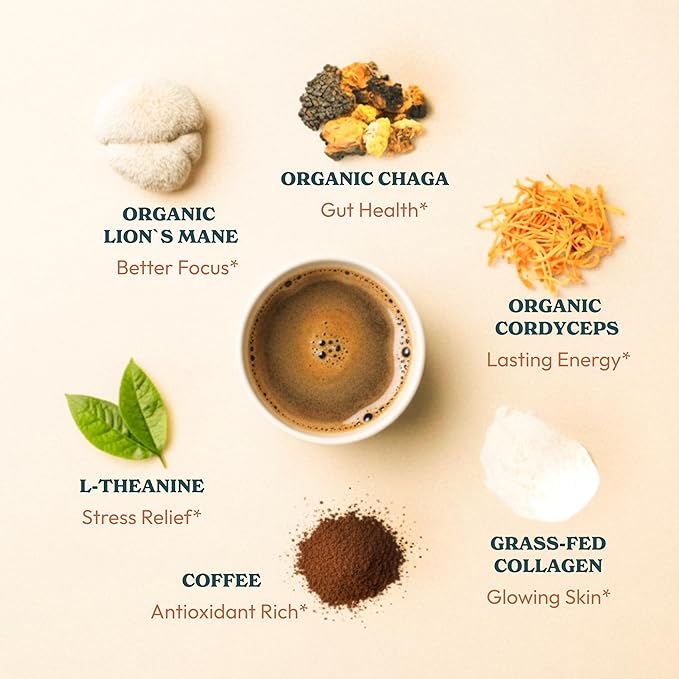 Mushroom Coffee with Collagen - Classic Blend – Adaptogenic Instant Coffee for Energy, Focus, & Mental Clarity – Enhanced with Lion’s Mane, Chaga, Cordyceps & L-Theanine (30 Servings)