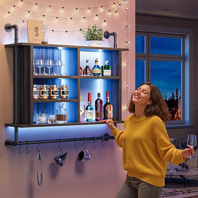 REIBII 4-Tier Industrial Pipe Shelving, 37.4" Kitchen Shelf with LED Light, Floating Shelves with 8 S-Hooks for Kitchen, Living Room, Home Office Bar, Dark Grey