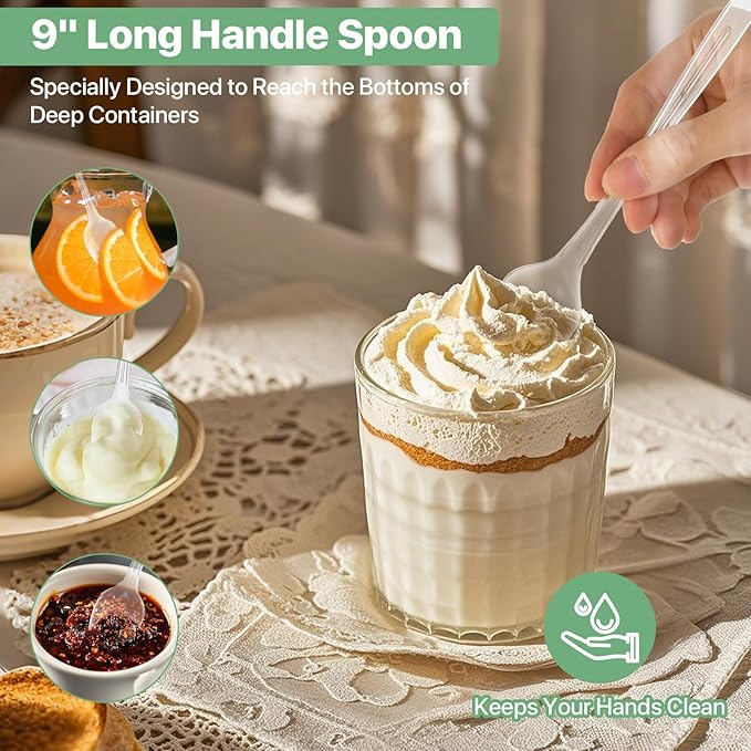 9" Clear Plastic Spoons, Heavy Duty Disposable Spoons, Long Handle Spoon, Plastic Cutlery for Cocktail Stirring Dessert Milkshakes Ice Cream Tea and Floats (36 Pack)