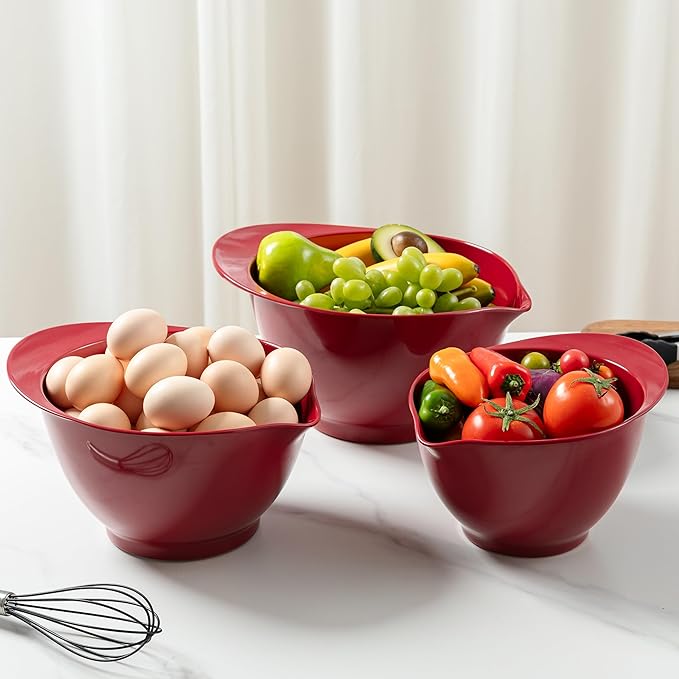 LEHAHA Set of 3 Melamine Mixing Bowls with Pour Spout, Non-Slip, BPA Free, Nesting large Serving Bowl with big handle for Prepping, Baking, Cooking, Kitchen Cooking and Baking Supplies, Burgundy Red