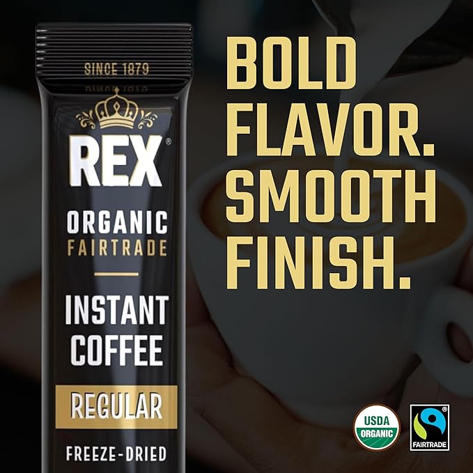 Rex Coffee Organic Fairtrade Freeze-Dried Instant Sticks, Medium Roast Arabica, 100 Single-Serve Packets, USDA Organic & Fairtrade Certified