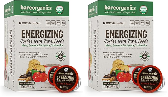BareOrganics ENERGIZING USDA Organic Coffee Pods Infused with Superfoods & Probiotics, Keurig K-Cup Compatible, Vegan, Gluten Free, 20 Single (Pack of 2)