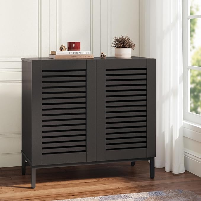 JOMEED Buffet Sideboard Cabinet with Grille-Striped Doors & Adjustable Shelf, Wood Storage Cabinet for Kitchen, Dining Room, Living Room, Entryway Black