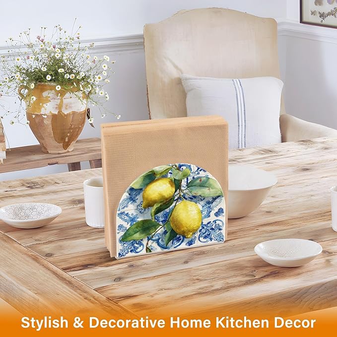 Lemon Blue Tiles Napkin Holder for Table Paper Cocktail Napkin Holders for Kitchen Dinning Acrylic Dinner Napkin Dispenser for Dinner Home Decor Bar 2 Pack