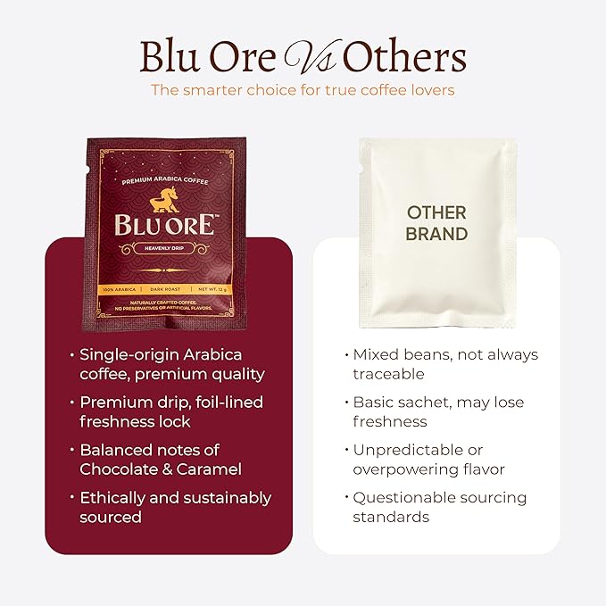 Blu Ore Premium Vietnamese Coffee - Single Serve Pour Over (8 Pack) - 100% Arabica Drip Bag Coffee, Eco-Friendly Filter, Travel Friendly, No Preservatives - Dark Roast