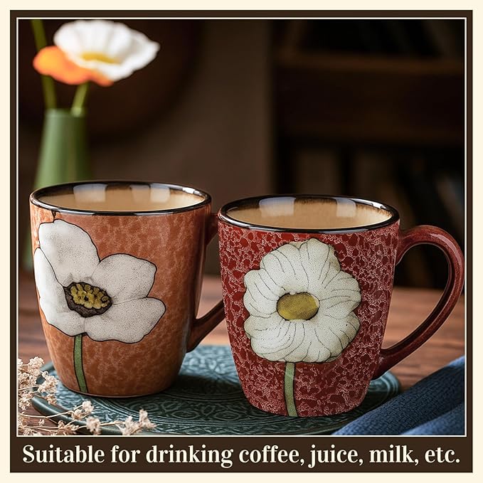 Maxdot 2 Pcs 12oz Ceramic Coffee Mugs Sets Glazing Process Cappuccino Mug Floral Ceramic Tea Cups Christmas Housewarming Idea Gift for Women Porcelain Cup for Coffee, Cocoa, Tea, Latte (Vintage)