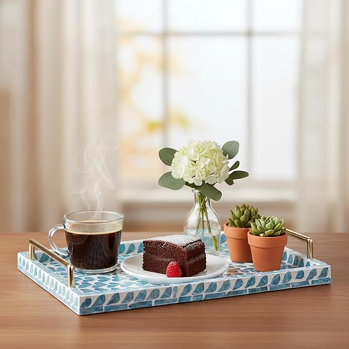 PEMAR Capiz Shell Decorative Tray with Gold Handles – 15.7"x11.8" Rectangular Display & Serving Tray for Vanity, Dresser, Bathroom (Teal Floral)