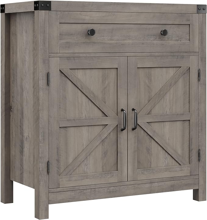 HOSTACK Coffee Bar Cabinet, Kitchen Storage Cabinet, Modern Farmhouse Buffet Sideboard with Drawer and Adjustable Shelf, Barn Door Accent Cabinets for Kitchen, Dining Room, Entryway, Ash Grey