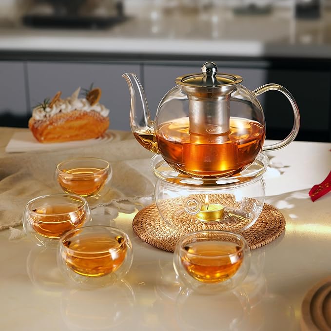 CNGLASS 900ml Glass Teapot with Removable Infuser,Clear Tea Kettle Stovetop Safe,Blooming and Loose Leaf Tea Maker
