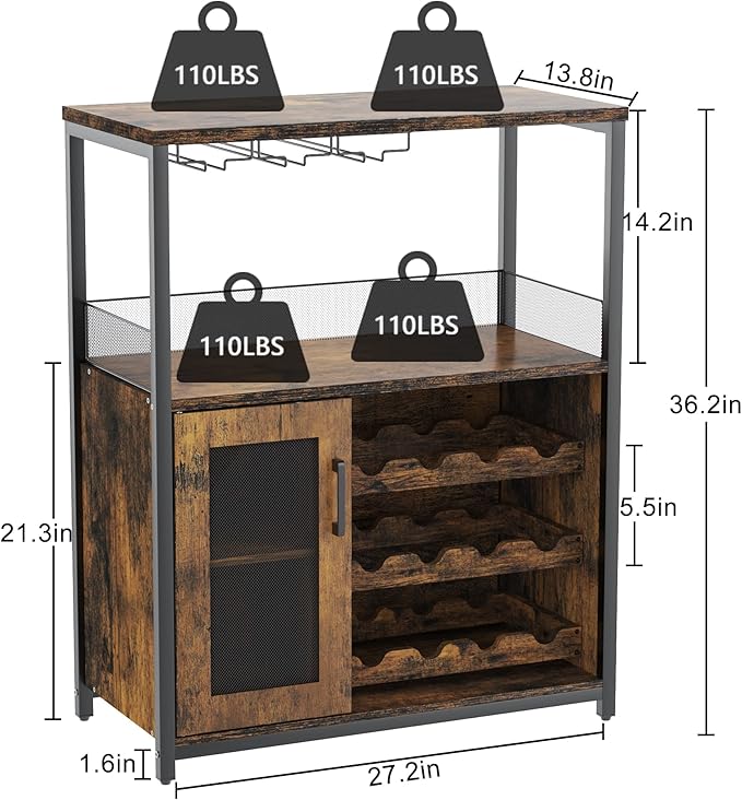 GarveeHome 3-Tier Wine Bar Cabinet with Detachable Wine Rack, Liquor Cabinet with Storage, Coffee Bar Cabinet with Glass Holder & Mesh Door, Sideboard Buffet Bar for Living Room, Dining Room, Brown