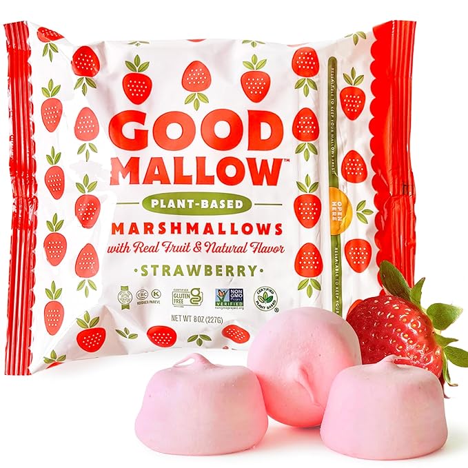 GoodMallow Vegan Marshmallows - Large Kosher Gluten Free Dairy Free Healthy Marshmallows - Natural Gelatin Free for Hot Chocolate, Smores, Baking - Nothing Artificial - Pink Strawberry