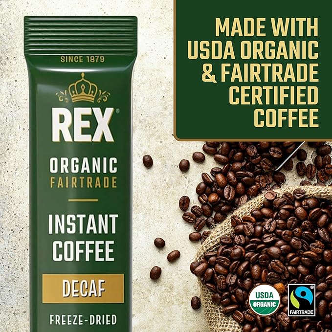 Rex Coffee Organic Fairtrade Decaf Freeze-Dried Instant Sticks – Naturally Decaffeinated Arabica, 25 Single-Serve Packs, Mountain Water Process