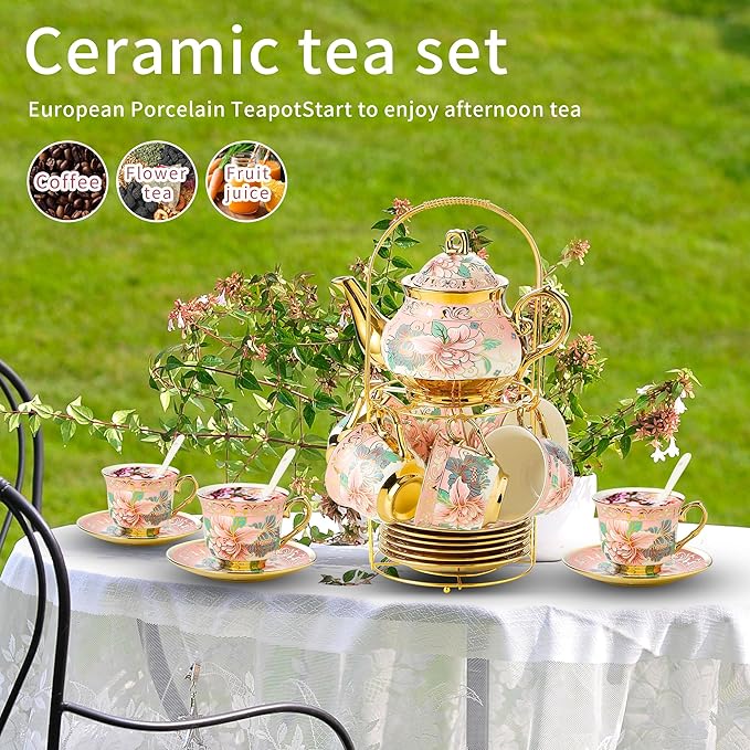 20 Pieces Porcelain Tea Set With Metal Holder, European Ceramic tea set for adults,Flower Tea Set,Tea Set For Women With Flower Painting (Large version, Pink)