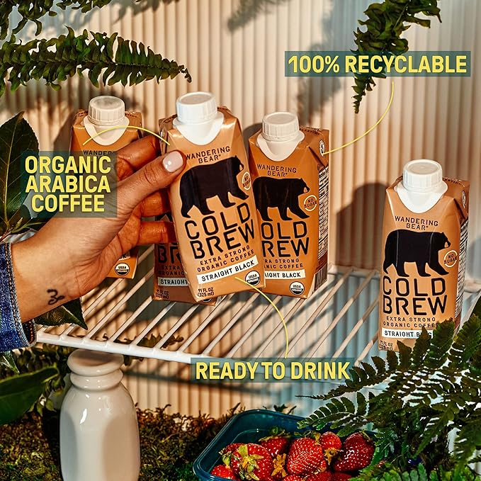 Wandering Bear Straight Black Organic Cold Brew Coffee On-the-Go - Extra Strong, Bold, Smooth, Unsweetened, Shelf-Stable, Ready to Drink, 100% Organic Iced Cold Brewed Coffee Drink -11 fl oz, 12 pack