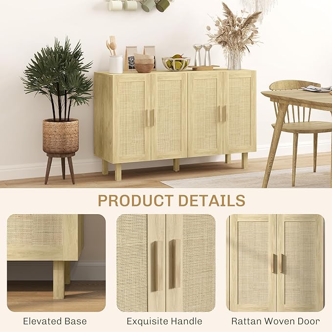 HOMCOM Boho Sideboard Buffet Cabinet, Coffee Bar Cabinet with 4 Rattan Doors and Adjustable Shelves for Kitchen, Living Room, Natural