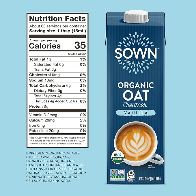 SOWN Organic Oat Creamer Vanilla - Barista Oat Milk Non Dairy Coffee Creamer - Plant Based, Dairy-Free, Vegan, Gluten-Free, Non-GMO, Shelf Stable - 32oz