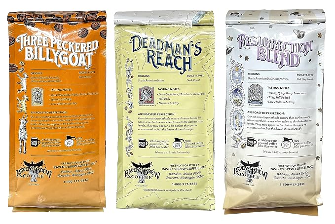 Raven's Brew Whole Bean Coffee Variety Pack - 3 Delicious Flavors - Three Peckered Billy Goat, Deadman's Reach and Resurrection Blend - 12oz each