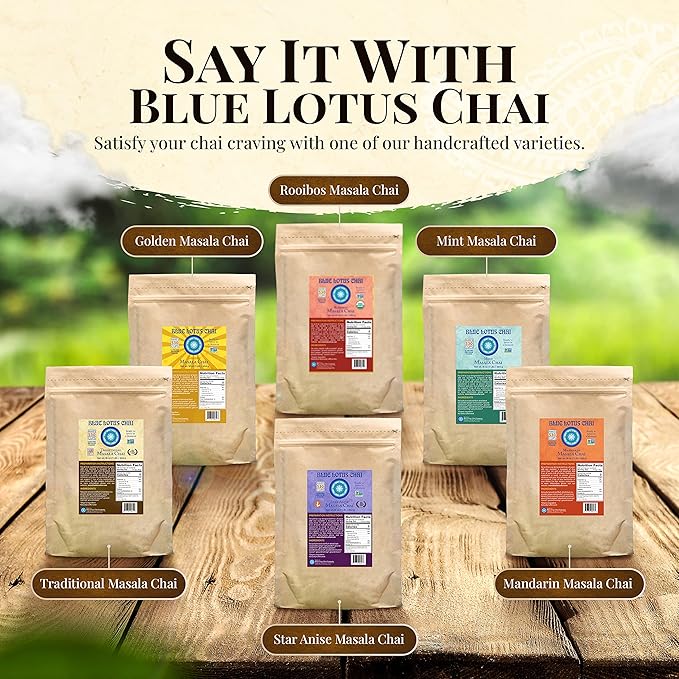 Blue Lotus Chai - Star Anise Masala Chai - Makes 530 Cups - 1 Pound Bulk Bag Masala Spiced Chai Powder with Organic Spices - Instant Indian Tea No Steeping - No Gluten