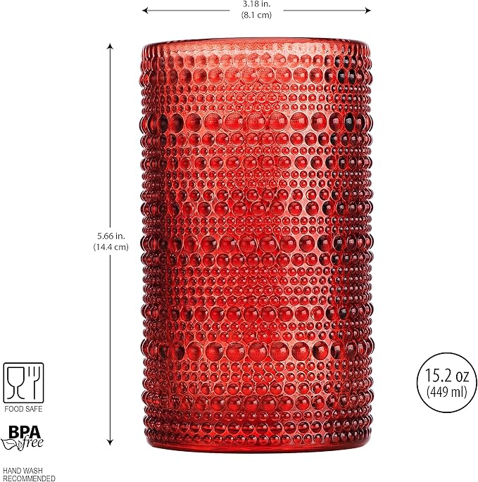 Glaver's Drinking Glasses Set of 4 Red Vintage Glassware. Christmas 15 Oz. Everyday and Holiday Dinner Beaded Drinking Glasses for Water, Juice, Cocktail.