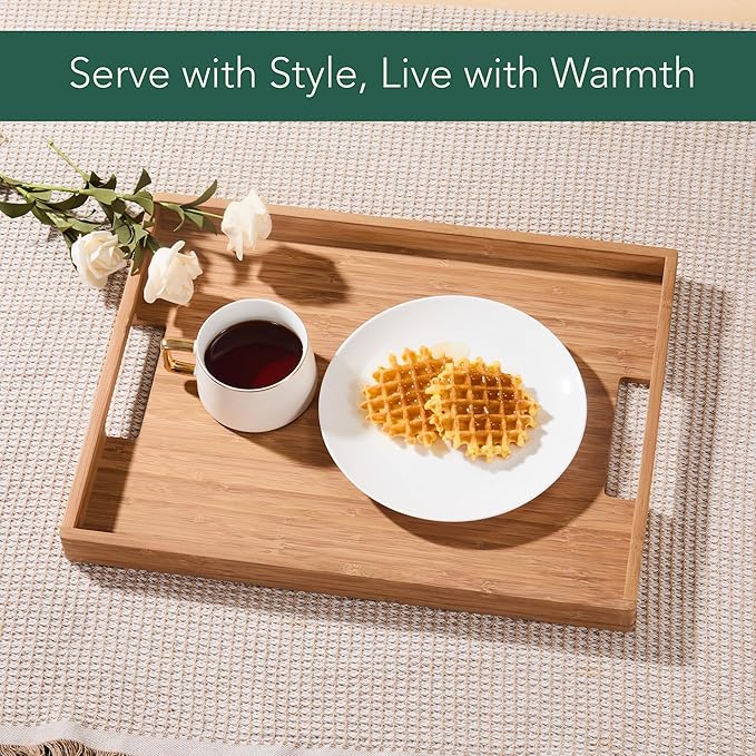 DETOR Serving Tray 17" x 13", Innovative Anti-Slip Coating, Light Walnut Bamboo Finish, Solid Bamboo Board, Decorative & Ottoman Tray for Food, Drinks, and Home Décor
