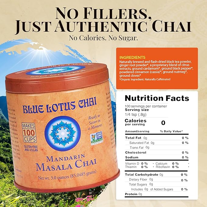 Blue Lotus Chai - Mandarin Flavor Masala Chai - Makes 100 Cups - 3 Ounce Masala Spiced Chai Powder with Organic Spices - Instant Indian Tea No Steeping - No Gluten