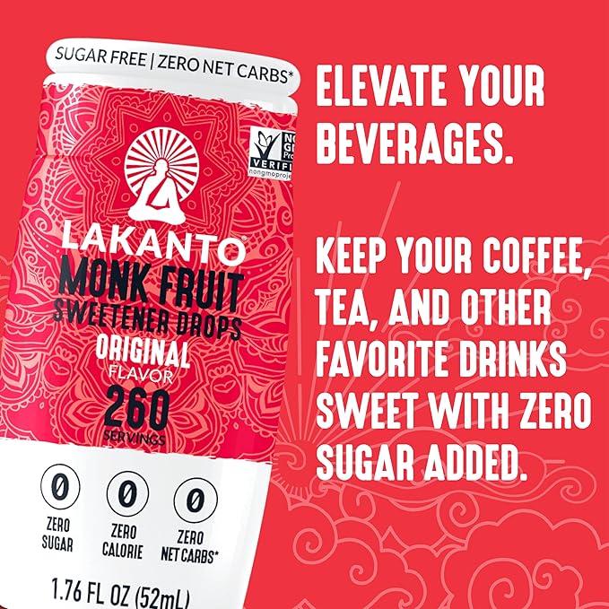 Lakanto Liquid Monk Fruit Extract Drops, Original, - Erythritol Free Sugar Substitute Sweetener For Coffee, Tea, Smoothies, Oatmeal, Yogurt, Cocktails, Sugar Free, Vegan, Keto, Zero Sugar (1.76 Fl Oz)