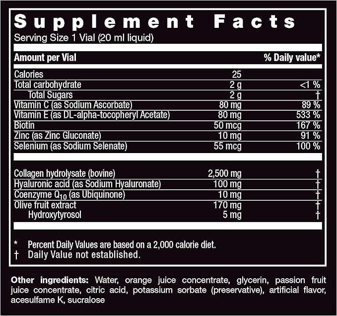 Orthomol Beauty Vial - Liquid Women's Beauty Supplement with Collagen Hydrolysate, Hyaluronic Acid, and Coenzyme Q10 for Hair, Skin, and Nail Health