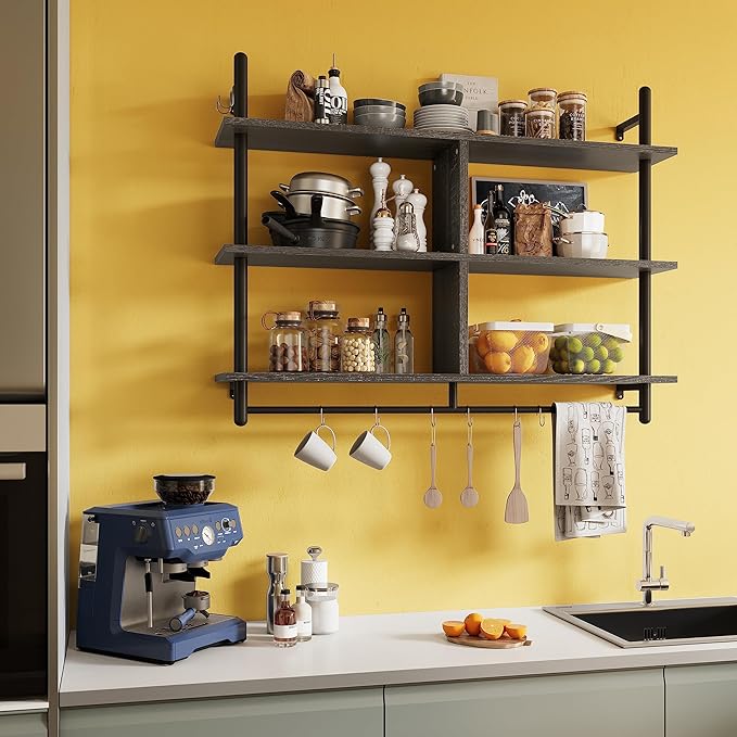 Bestier Kitchen Shelves Wall Mounted Floating Pipe Shelving 3 Tier 41.5" Coffee Bar Shelf with Holder, Wall Display Storage Rack Sundries for Kitchen Living Room, Charcoal Black
