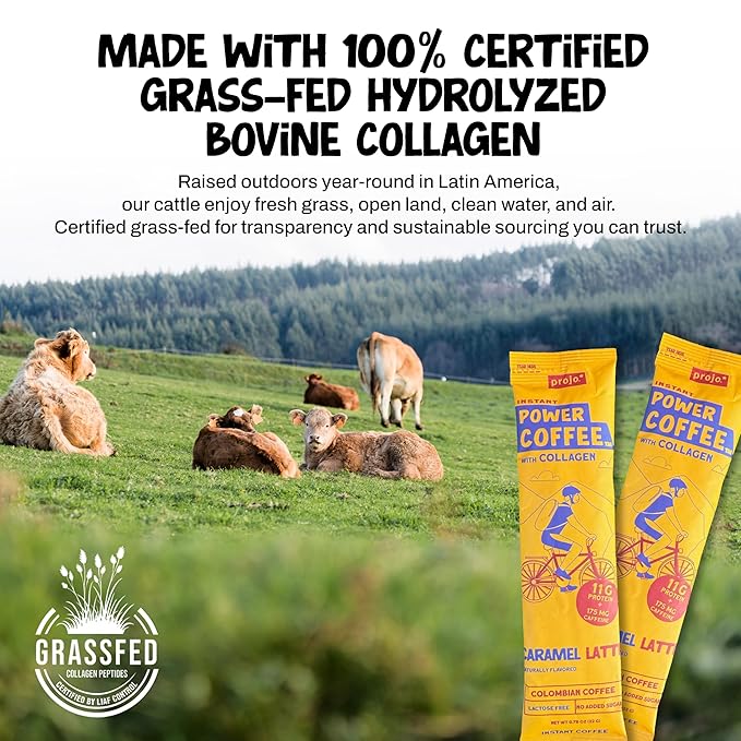 Projo* Power Coffee – Instant Coffee with 11g Protein – Grass-Fed Hydrolyzed Bovine Collagen & 175mg Caffeine – Caramel Latte Flavor – Organic – Energy Support – 12 Single-Serve Packets