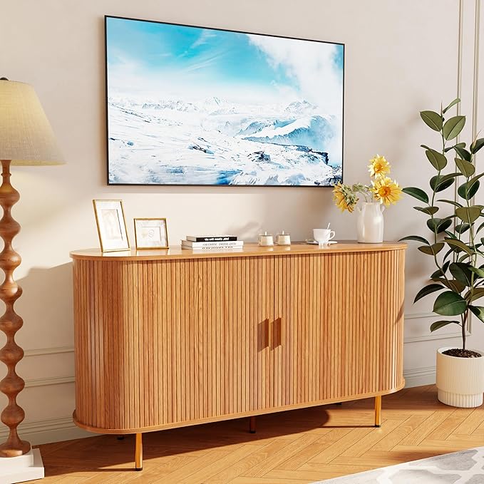 DHH Sideboard Buffet Cabinet with Storage,Mid Century Modern Fluted Accent Coffee Bar Console Table,Tambour Sliding Doors& Adjustable Shelf for Kitchen, Living Room, Entryway(Yellow Walnut 55 Inch)