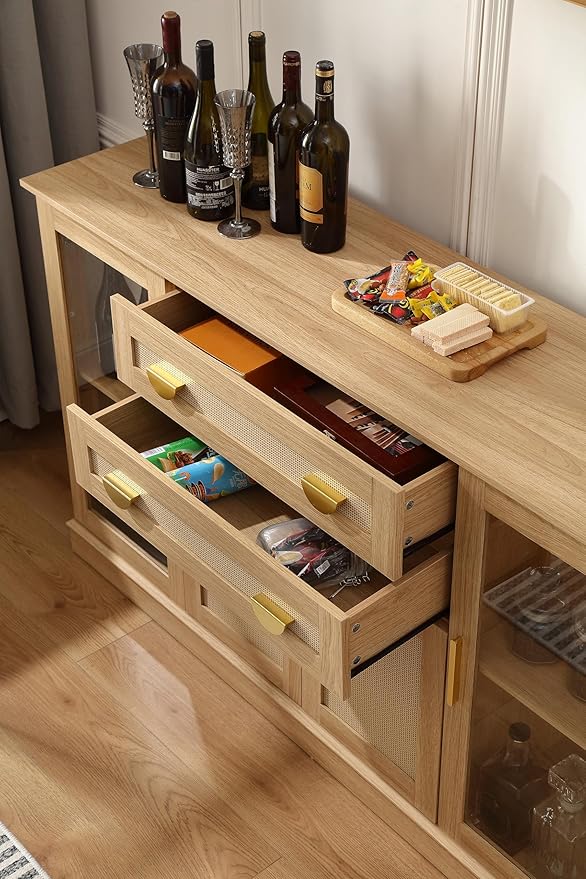 58.27'' Buffet Cabinet with 2 Drawers and Adjustable Shelves,Large Glass Door Coffee Bar Cabinet,Modern Farmhouse Sideboard Credenza for Kitchen,Natrual